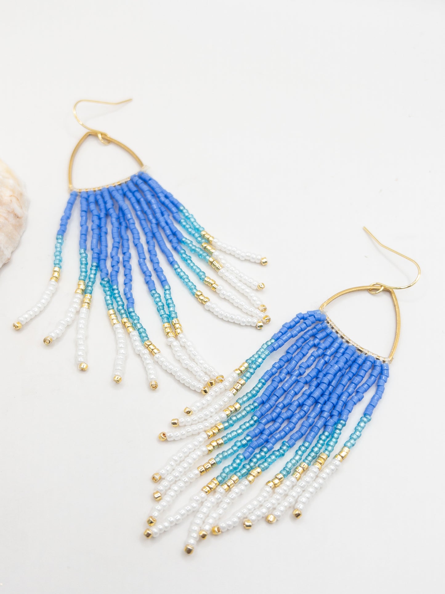 Oorbellen lang kralen blauw handmade boho