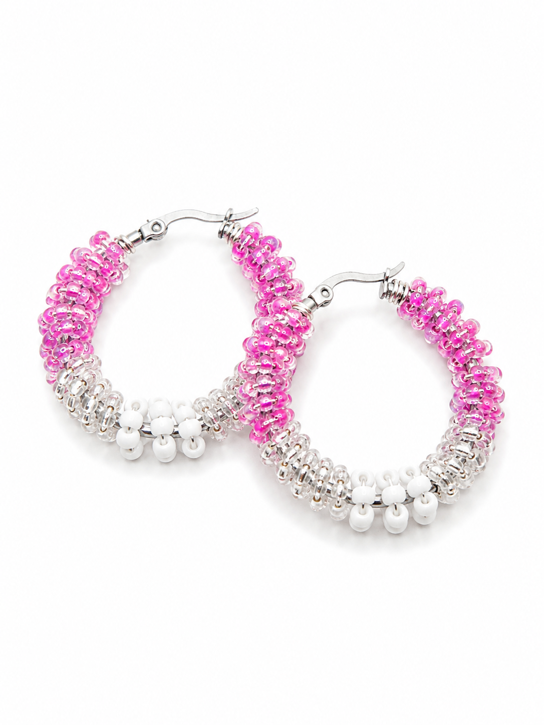 Creolen medium roze wit zilver