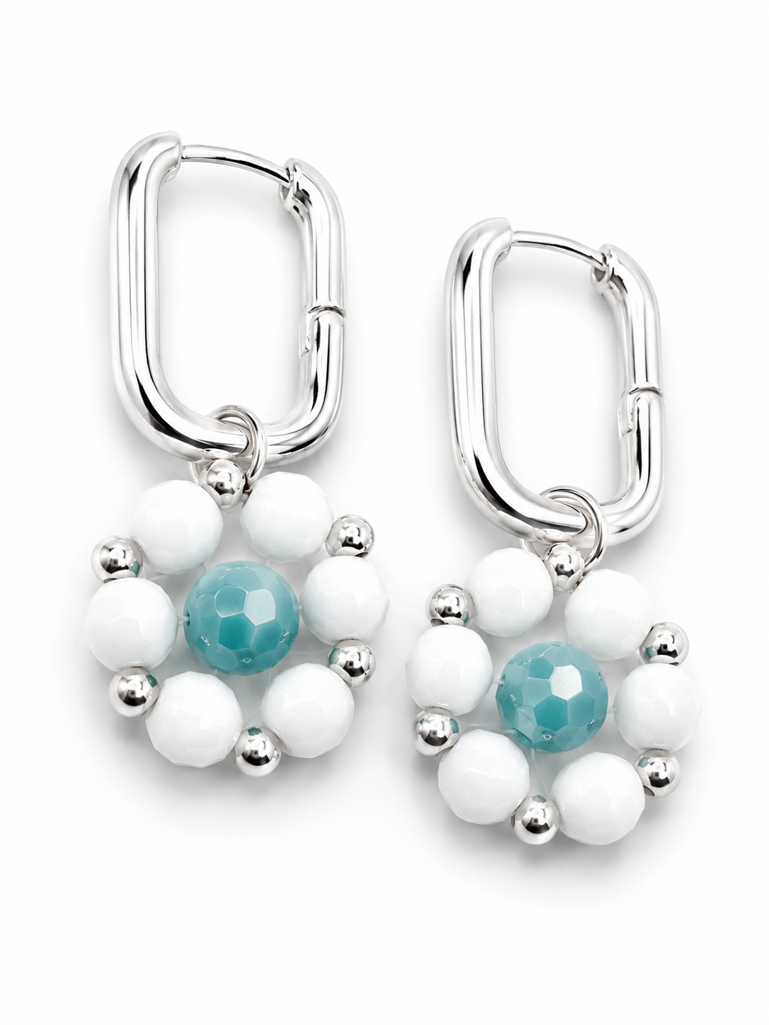 Bloemoorbellen zilver wit turquoise