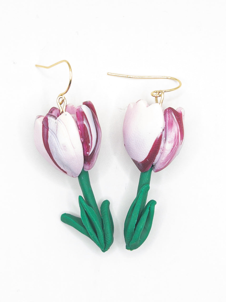 Oorbellen tulpen wit paars