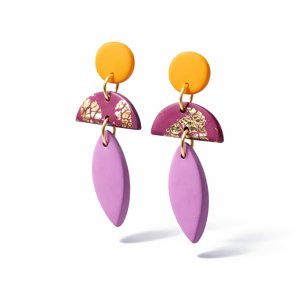 Oorbellen Cleo oranje, wijnrood/goud en Lila