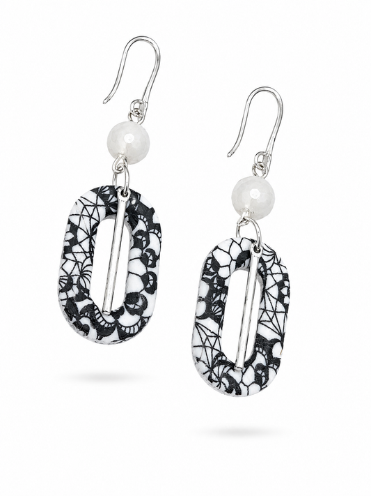 Ink Lace oorbellen zilver zwart wit ovaal