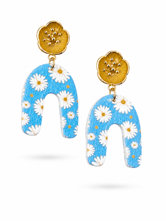 Madelief oorbellen goud blauw