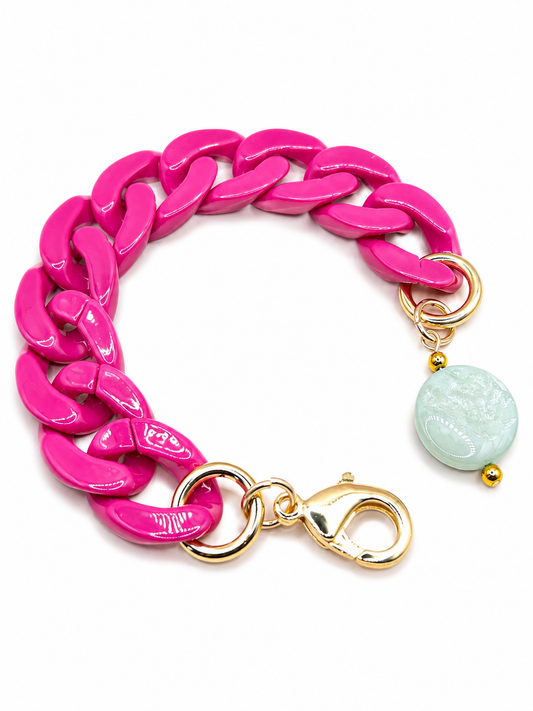 Schakelarmband roze en groen