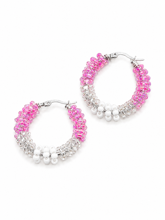 Creolen medium roze wit zilver