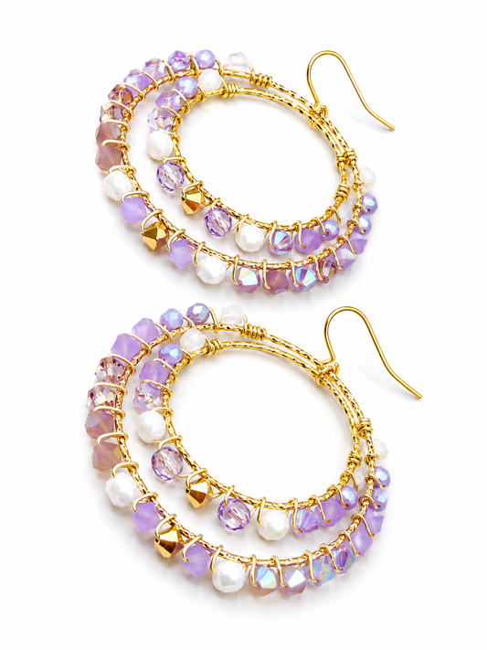 Boho oorbellen in paars wit, goud en lila