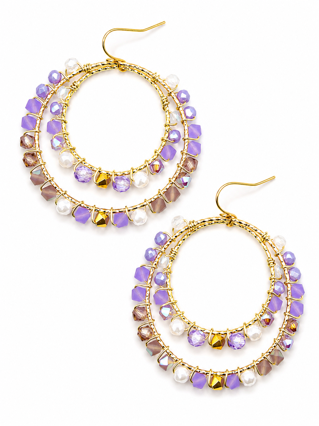 Boho oorbellen in paars wit, goud en lila