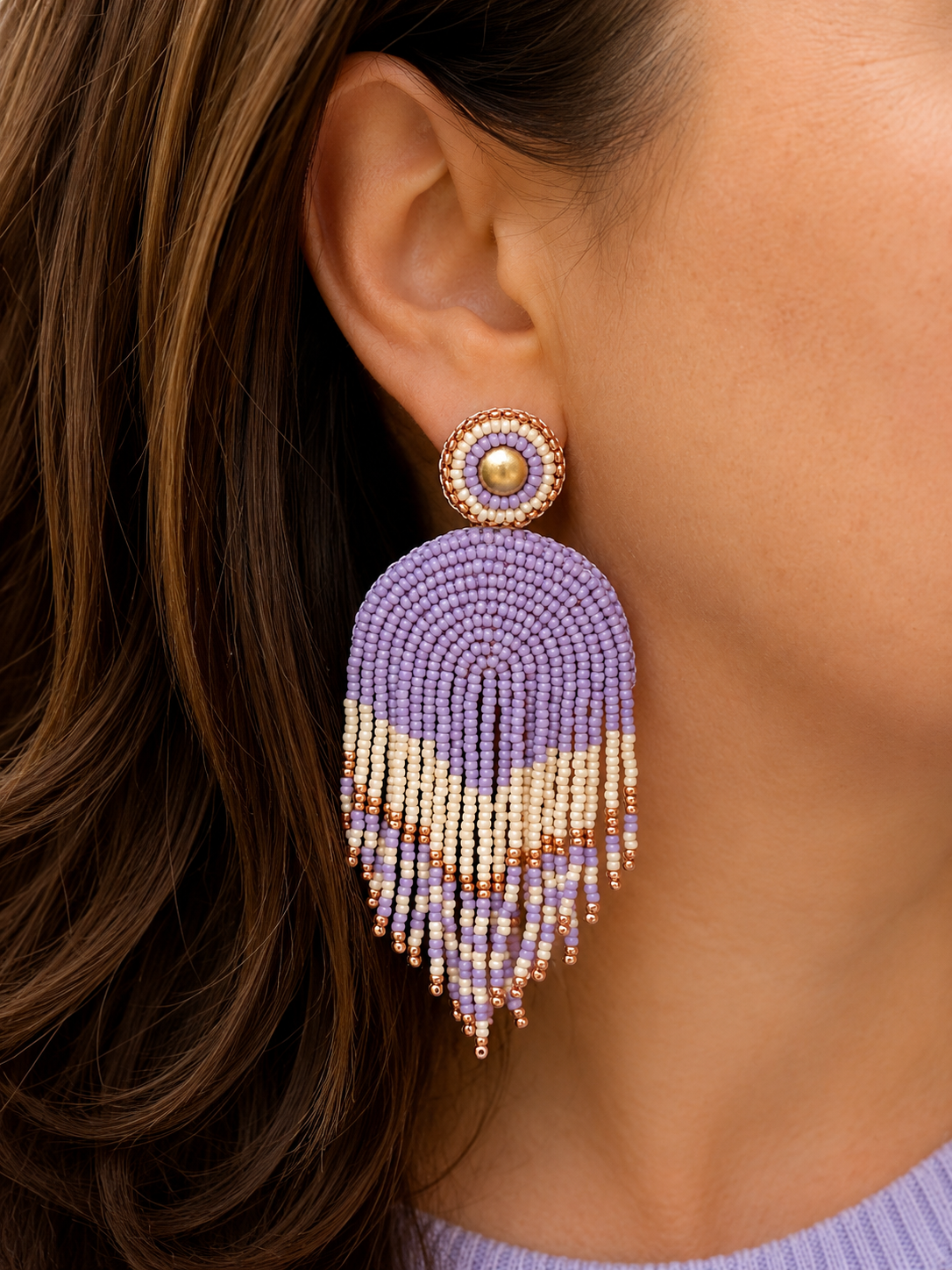 Statement oorbellen lila goud off white