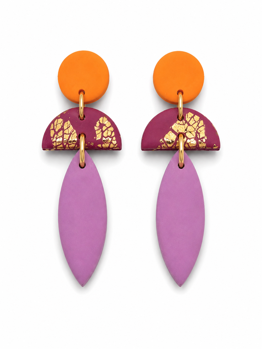 Oorbellen Cleo oranje, wijnrood/goud en Lila