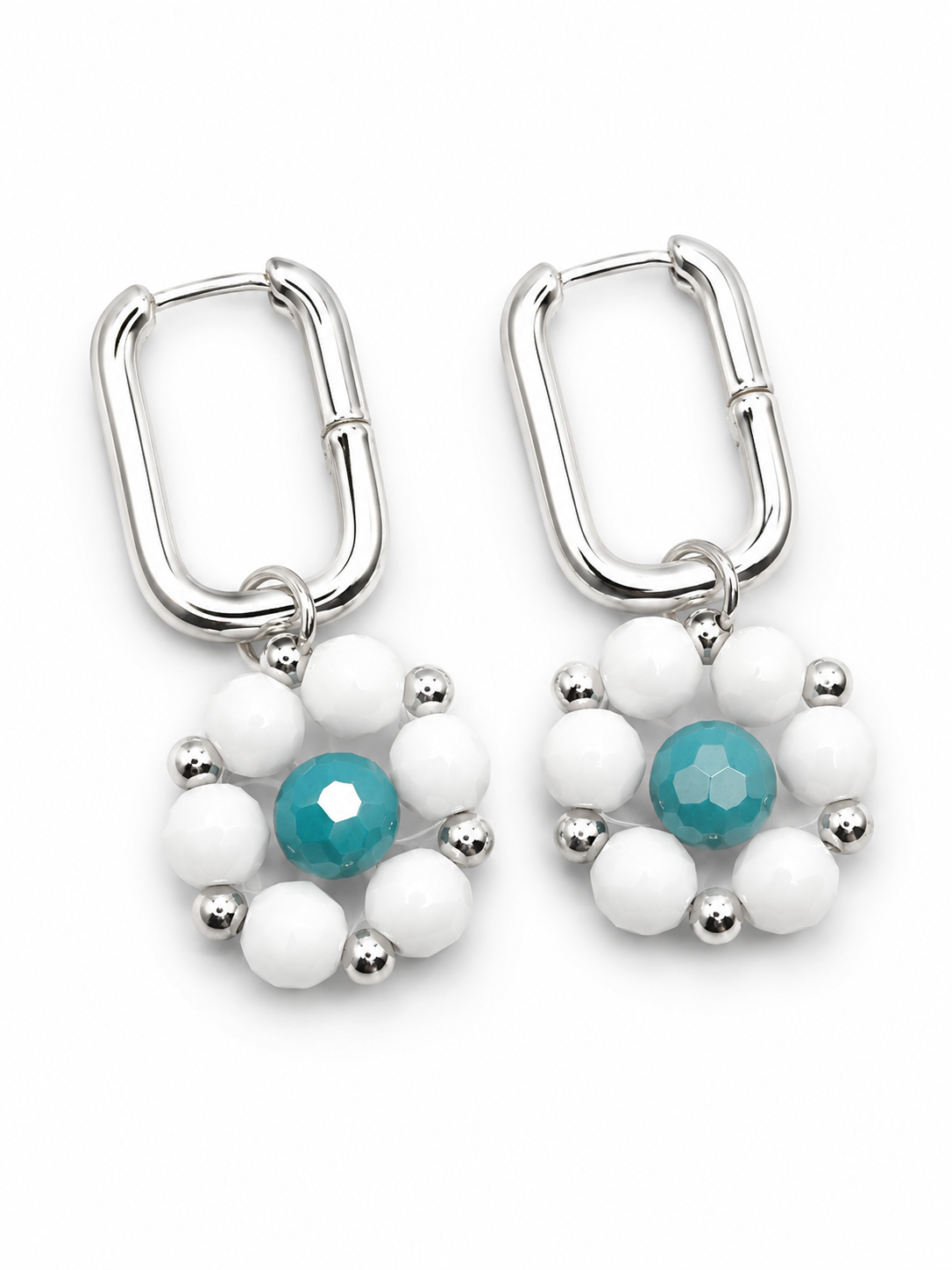 Bloemoorbellen zilver wit turquoise