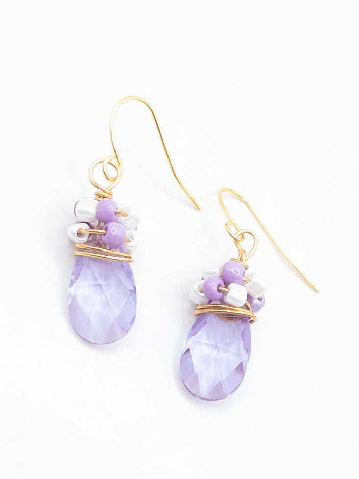 Oorbellen Lila druppels wit goud lila