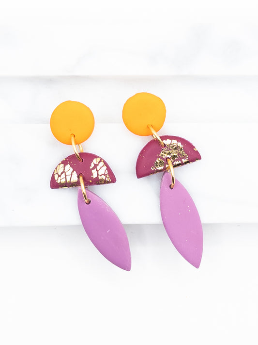 Oorbellen Cleo oranje, wijnrood/goud en Lila