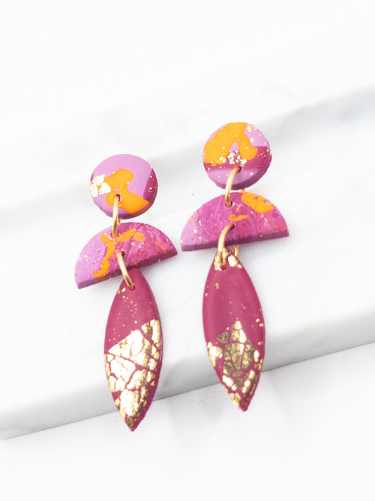 Oorbellen Cleo mix oranje lila wijnrood en goud